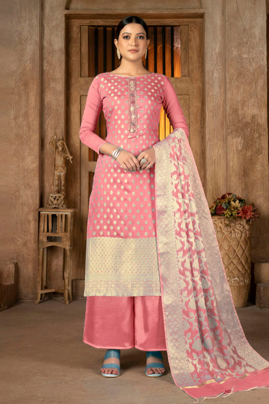 Peach Colour Unstitched Banarasi Jacquard Palazoo Pant Suit