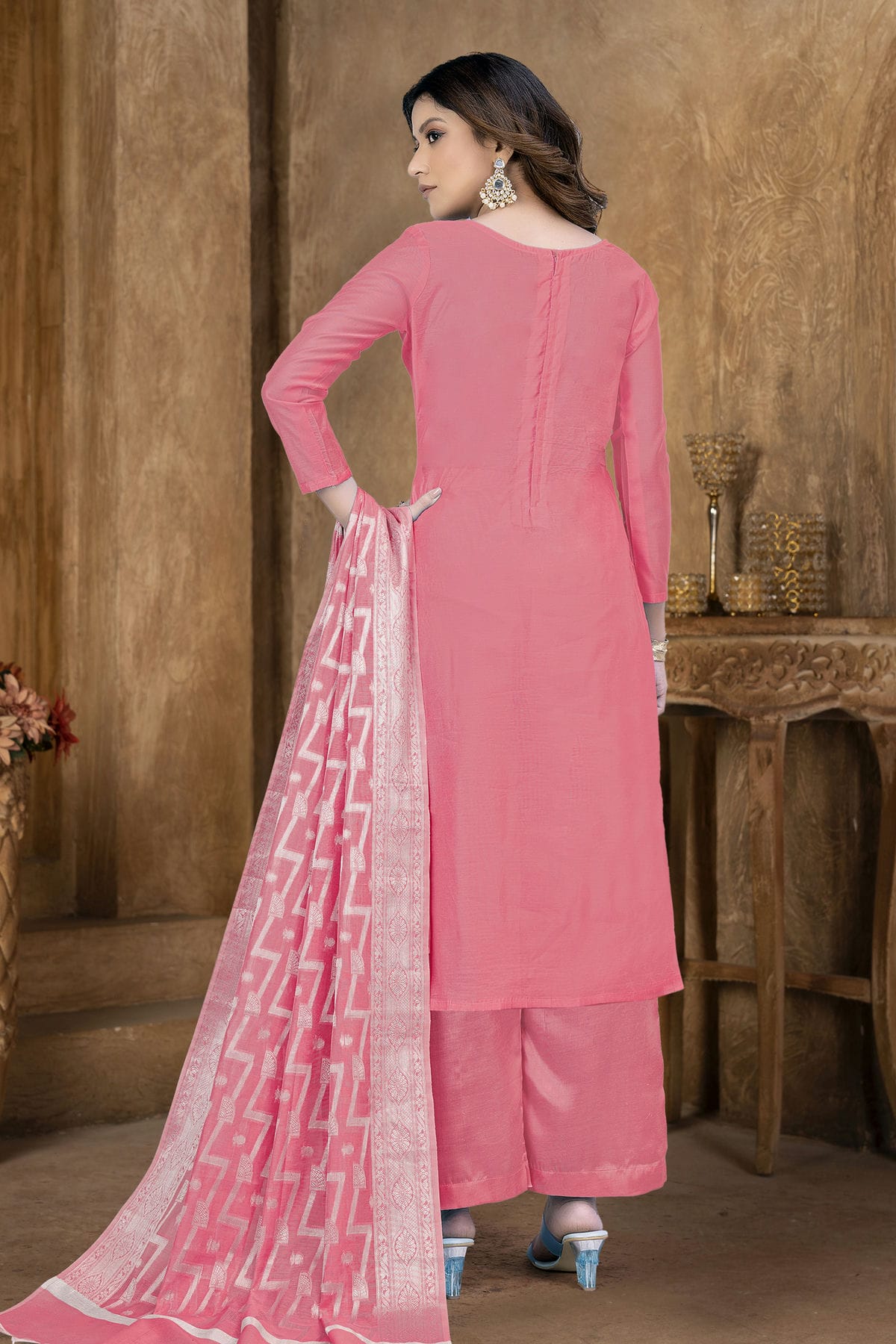 Peach Colour Unstitched Banarasi Jacquard Palazoo Pant Suit