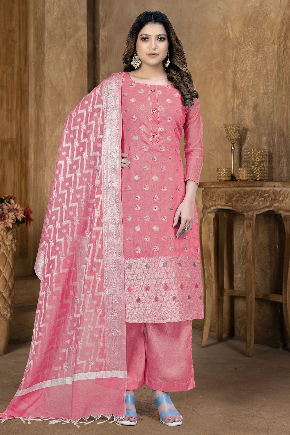 Peach Colour Unstitched Banarasi Jacquard Palazoo Pant Suit