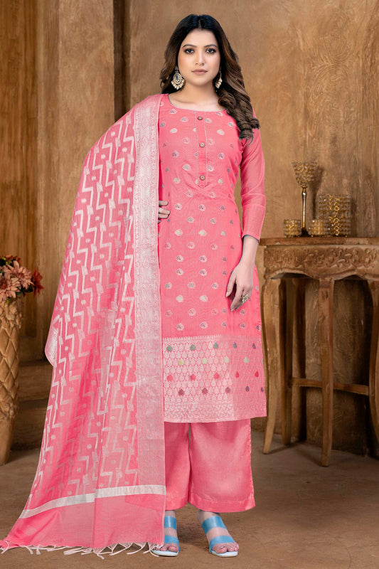 Peach Colour Unstitched Banarasi Jacquard Palazoo Pant Suit