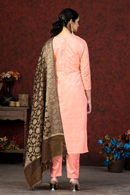 Peach Colour Unstitched Banarasi Jacquard Pant Style Suit