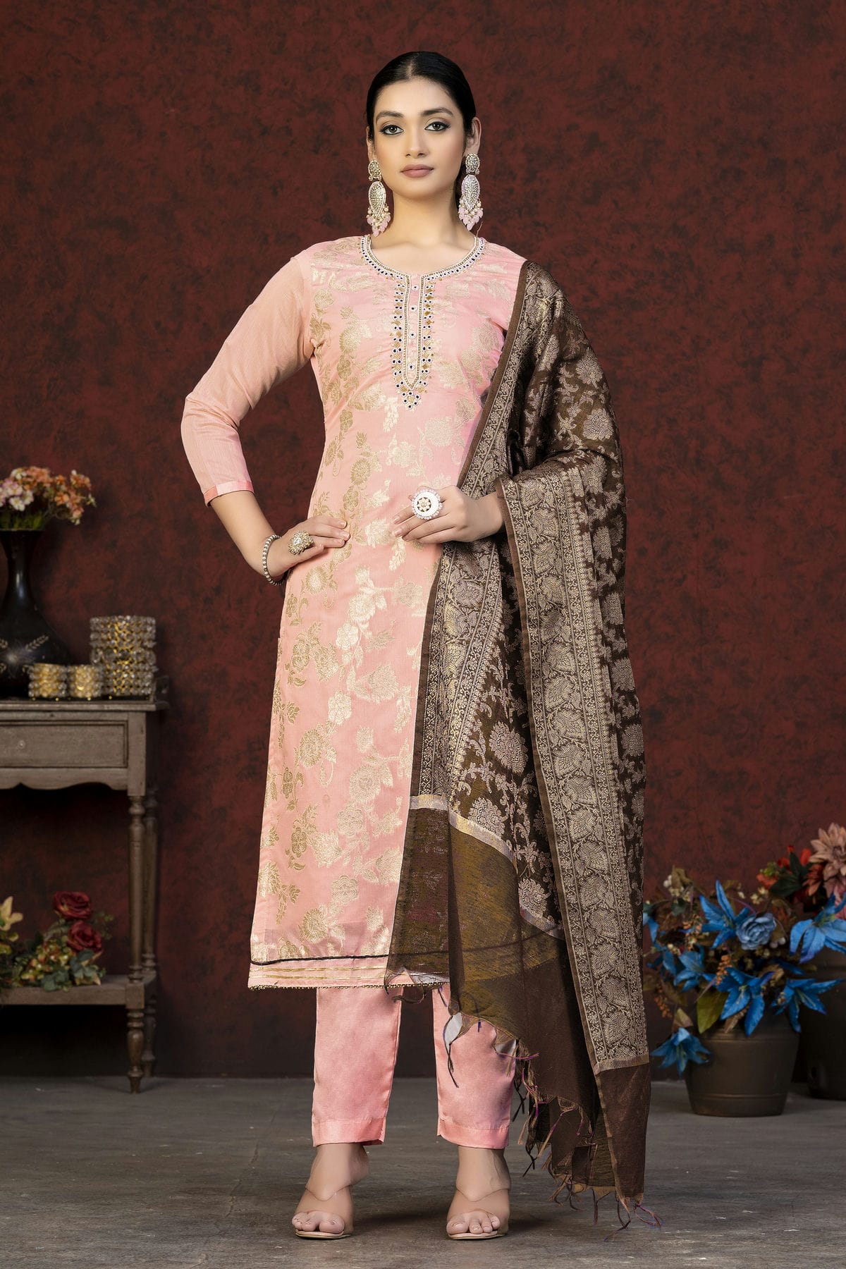 Peach Colour Unstitched Banarasi Jacquard Pant Style Suit