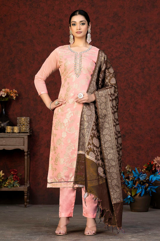 Peach Colour Unstitched Banarasi Jacquard Pant Style Suit