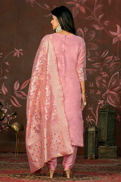 Peach Colour Unstitched Banarasi Jacquard Straight Suit