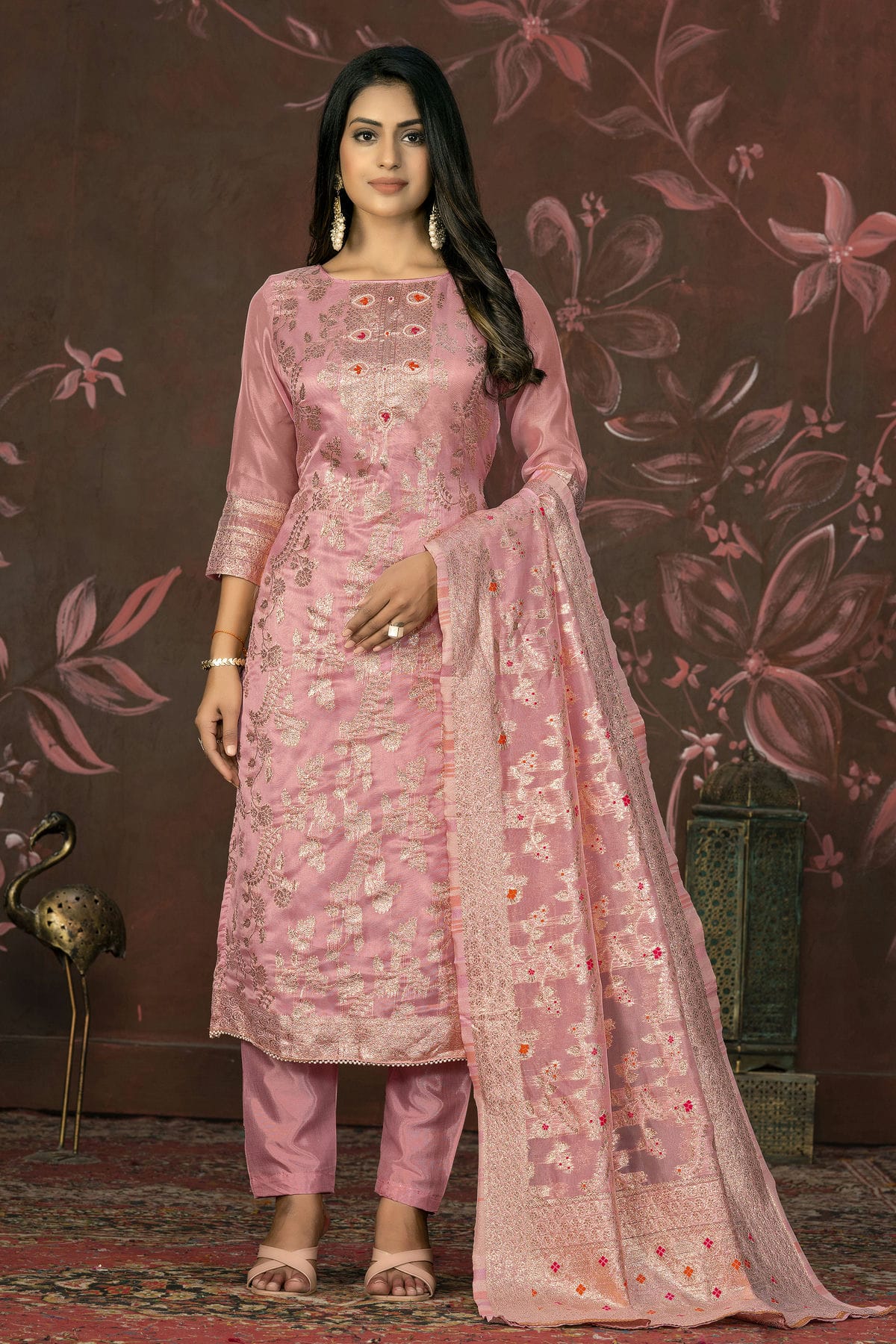 Peach Colour Unstitched Banarasi Jacquard Straight Suit