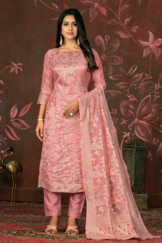 Peach Colour Unstitched Banarasi Jacquard Straight Suit