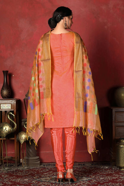 Peach Colour Unstitched Banarasi Silk Churidar Suit