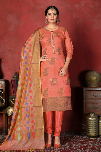 Peach Colour Unstitched Banarasi Silk Churidar Suit