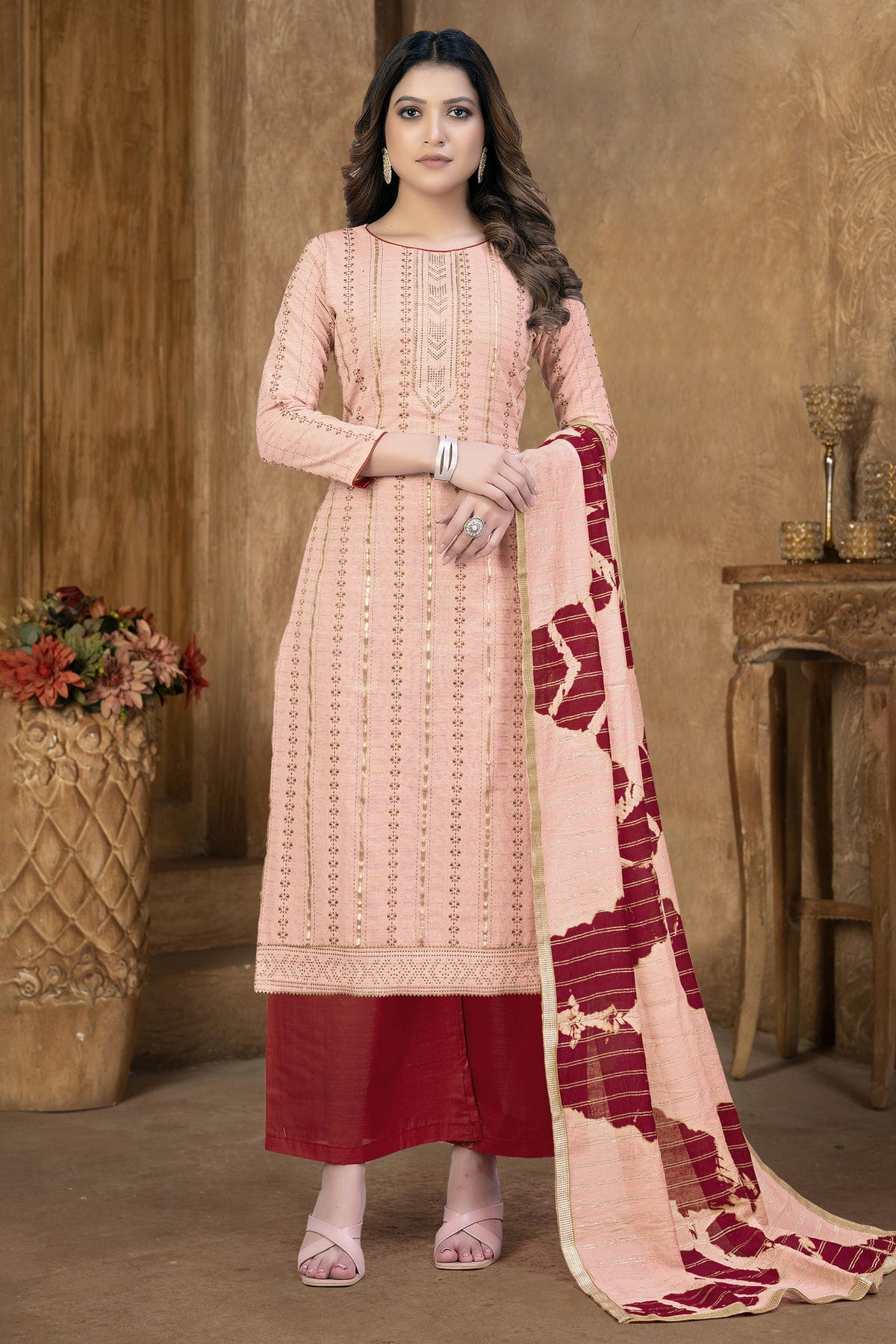 Peach Colour Unstitched Cambric Cotton Palazzo Pant Suit