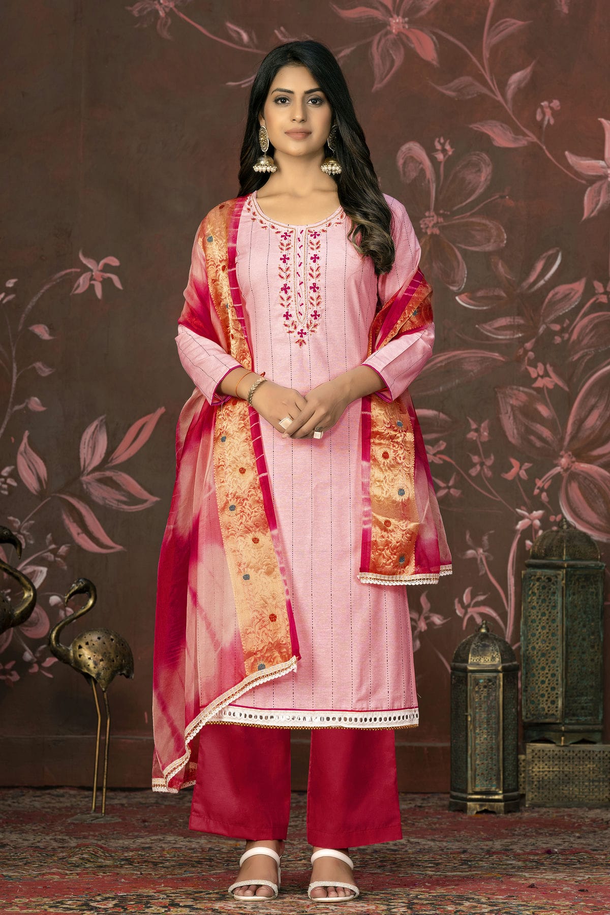 Peach Colour Unstitched Cambric Cotton Plazzo Pant Suit