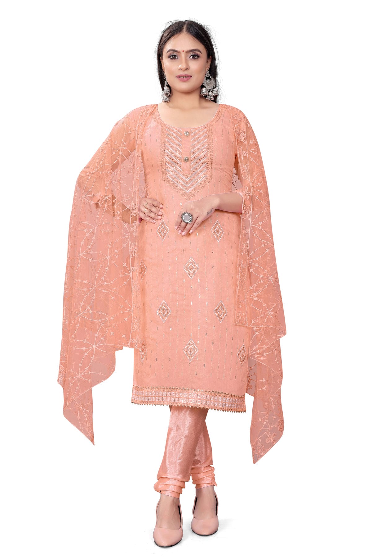 Peach Colour Unstitched Chanderi Cotton Churidar Suit