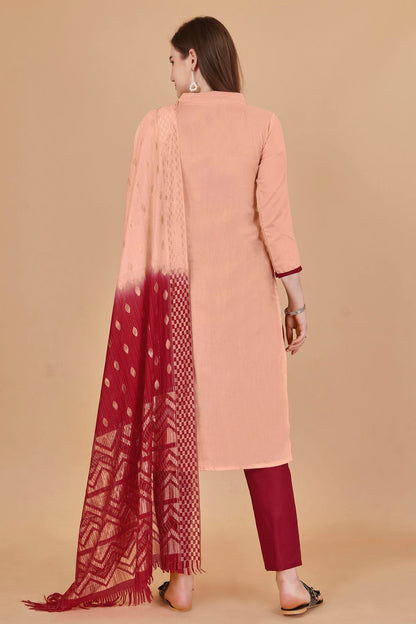 Peach Colour Unstitched Cotton Jacquard Straight Suit