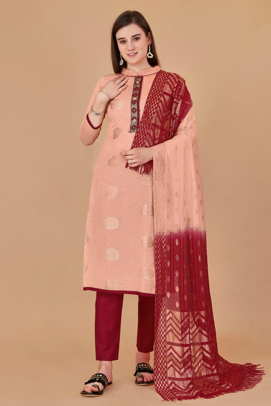 Peach Colour Unstitched Cotton Jacquard Straight Suit