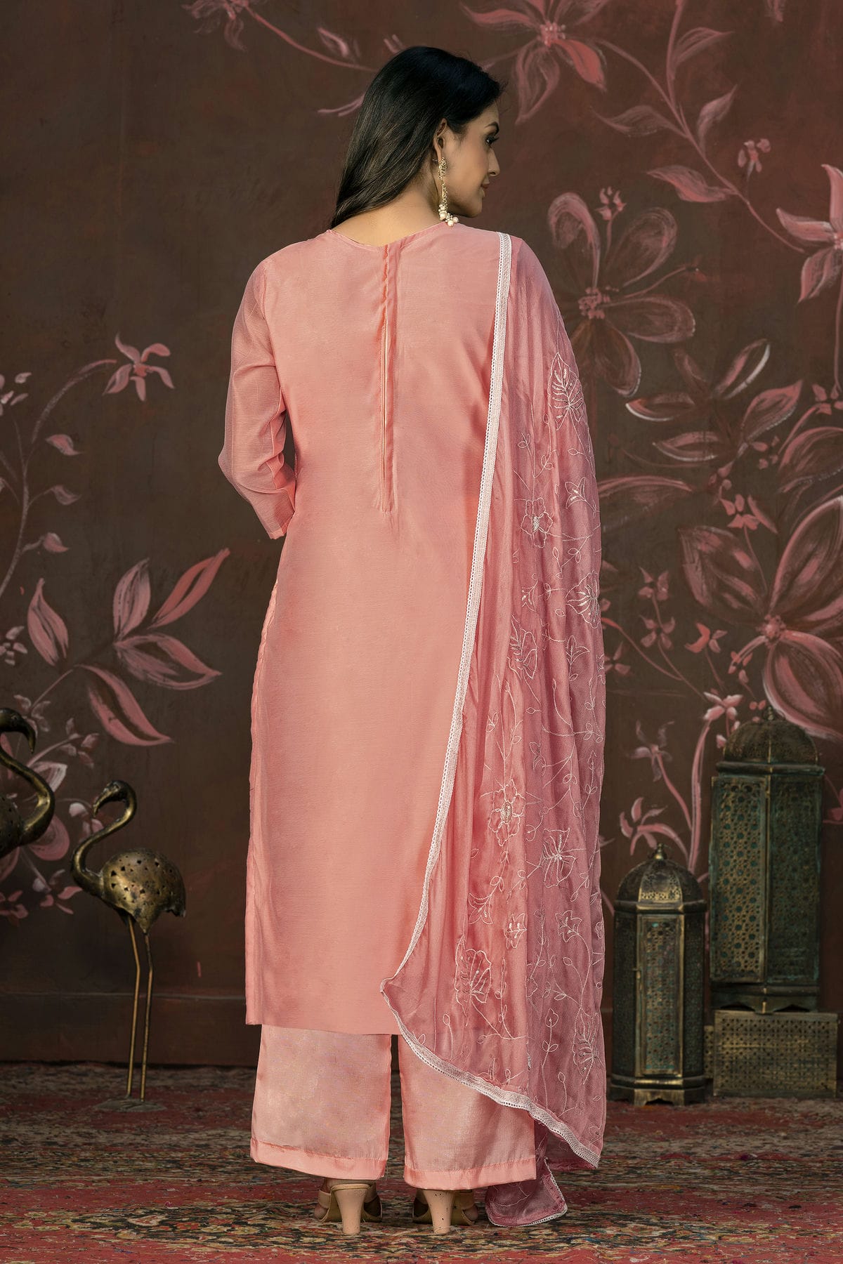 Peach Colour Unstitched Cotton Jacquard Straight Suit