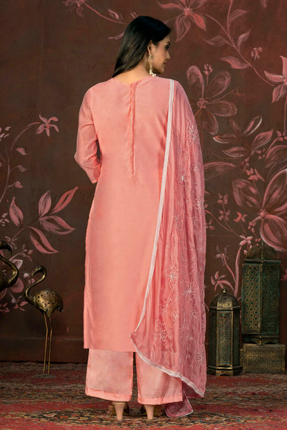 Peach Colour Unstitched Cotton Jacquard Straight Suit