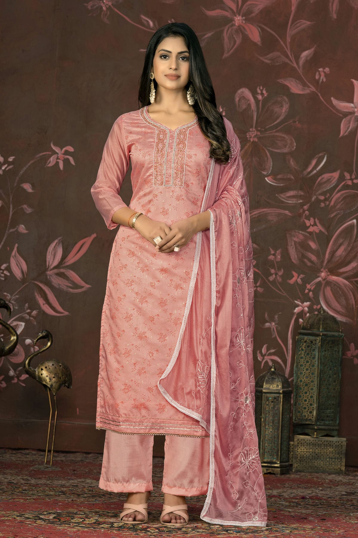 Peach Colour Unstitched Cotton Jacquard Straight Suit