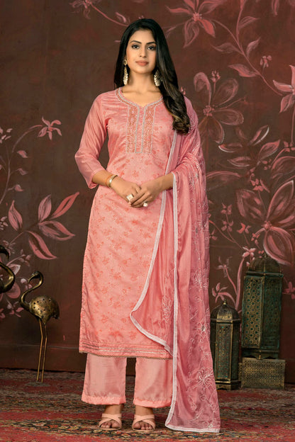 Peach Colour Unstitched Cotton Jacquard Straight Suit