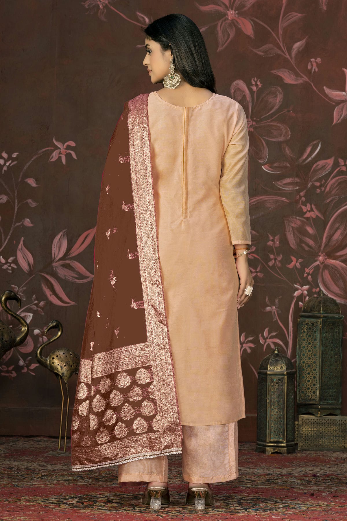 Peach Colour Unstitched Cotton Jacquard Straight Suit