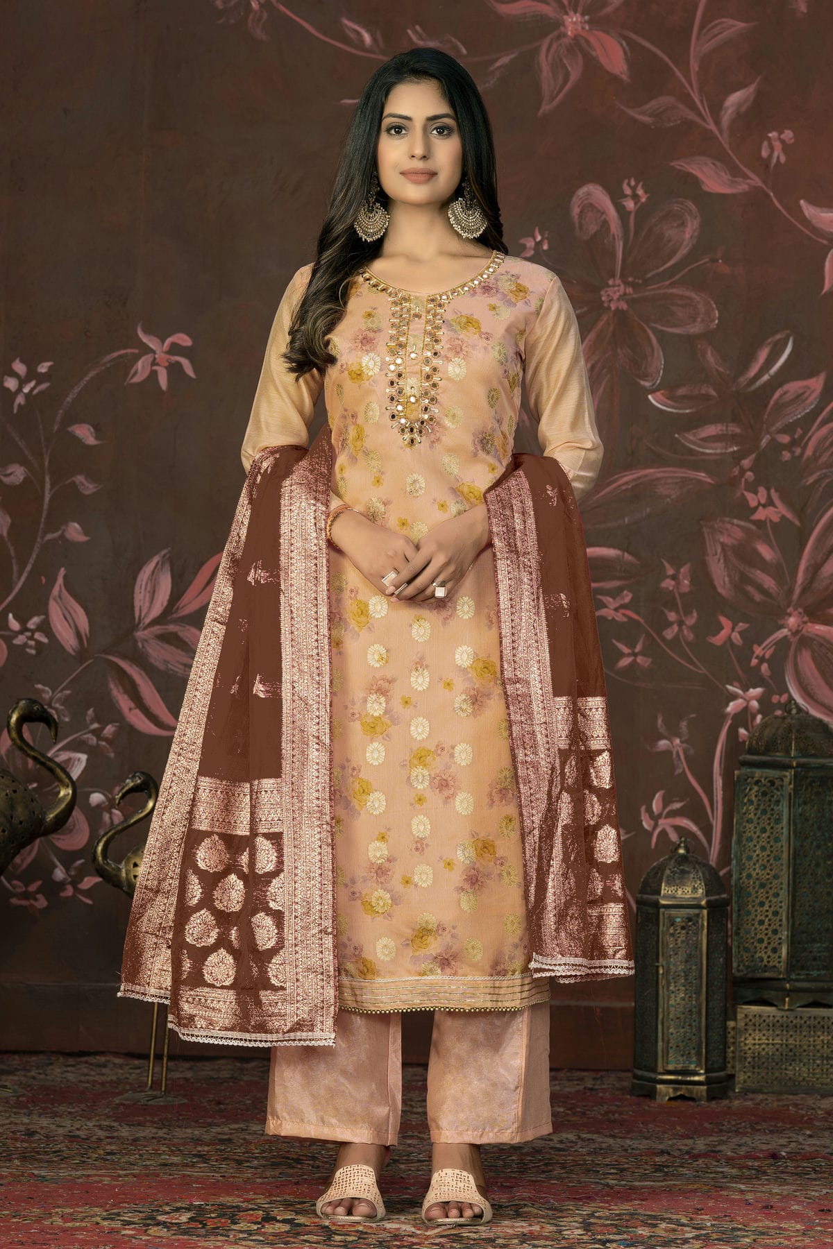 Peach Colour Unstitched Cotton Jacquard Straight Suit