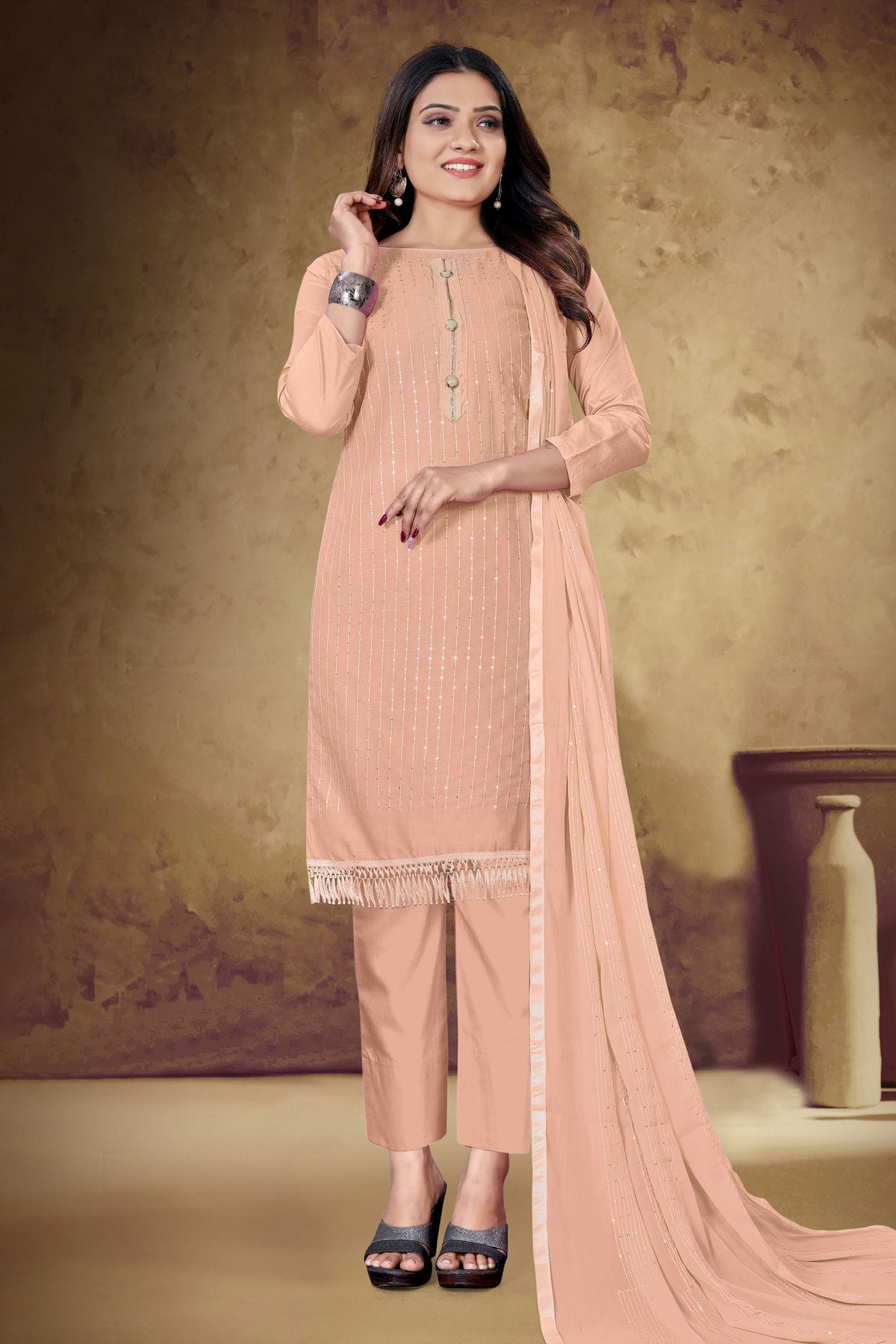 Peach Colour Unstitched Cotton Pant Style Suit