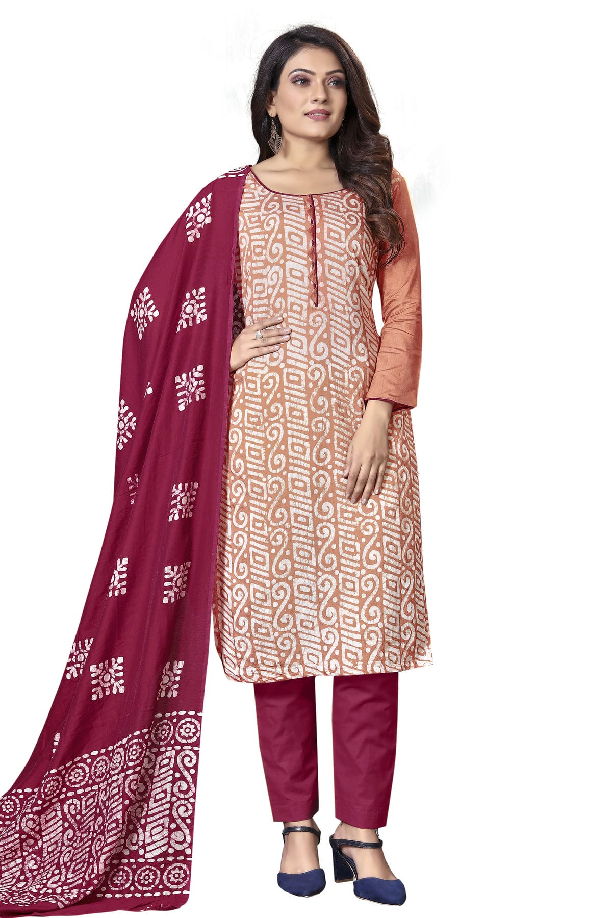 Peach Colour Unstitched Cotton Straight Suit