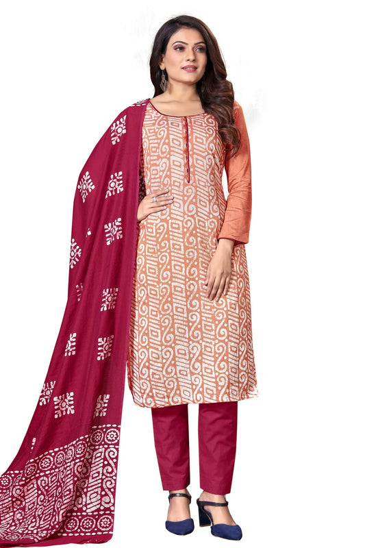 Peach Colour Unstitched Cotton Straight Suit