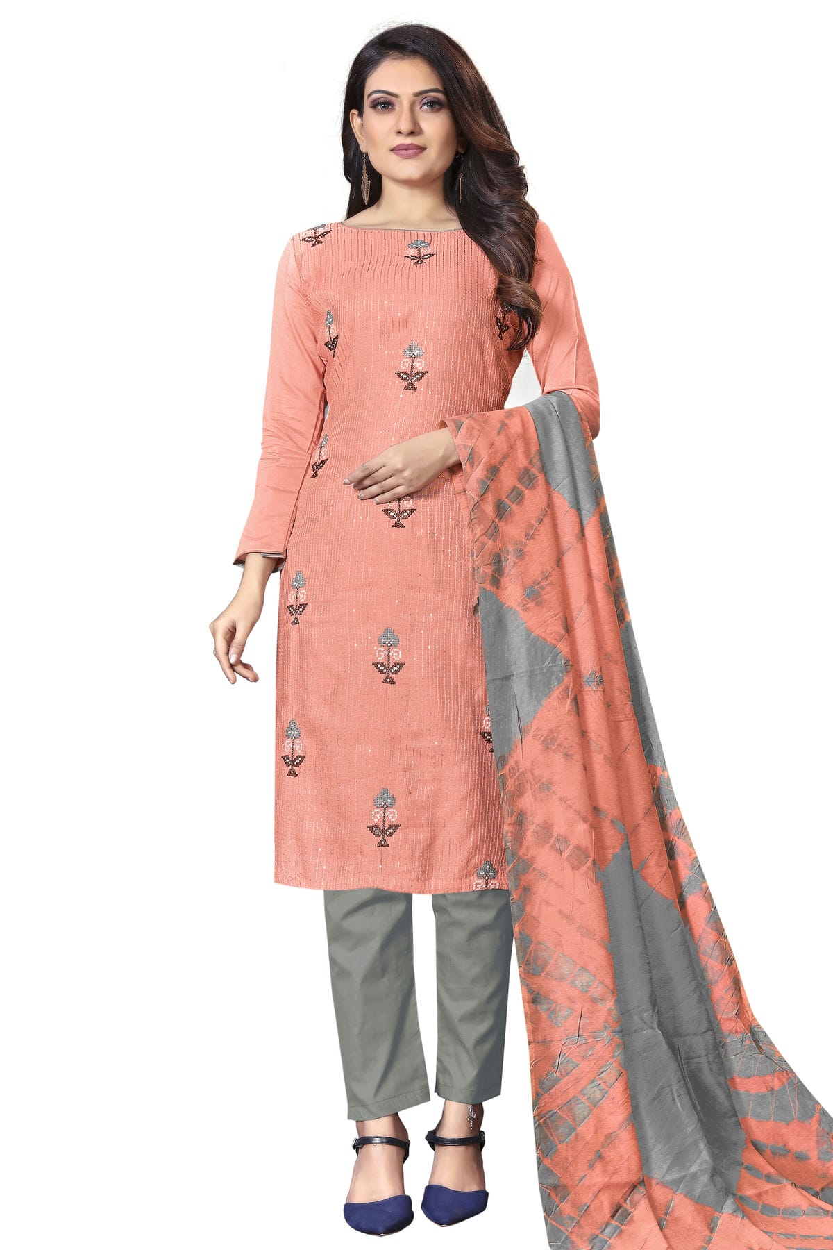 Peach Colour Unstitched Cotton Straight Suit