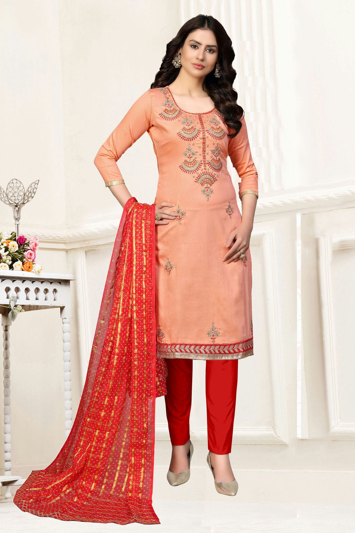 Peach Colour Unstitched Glass Cotton Straight Suit