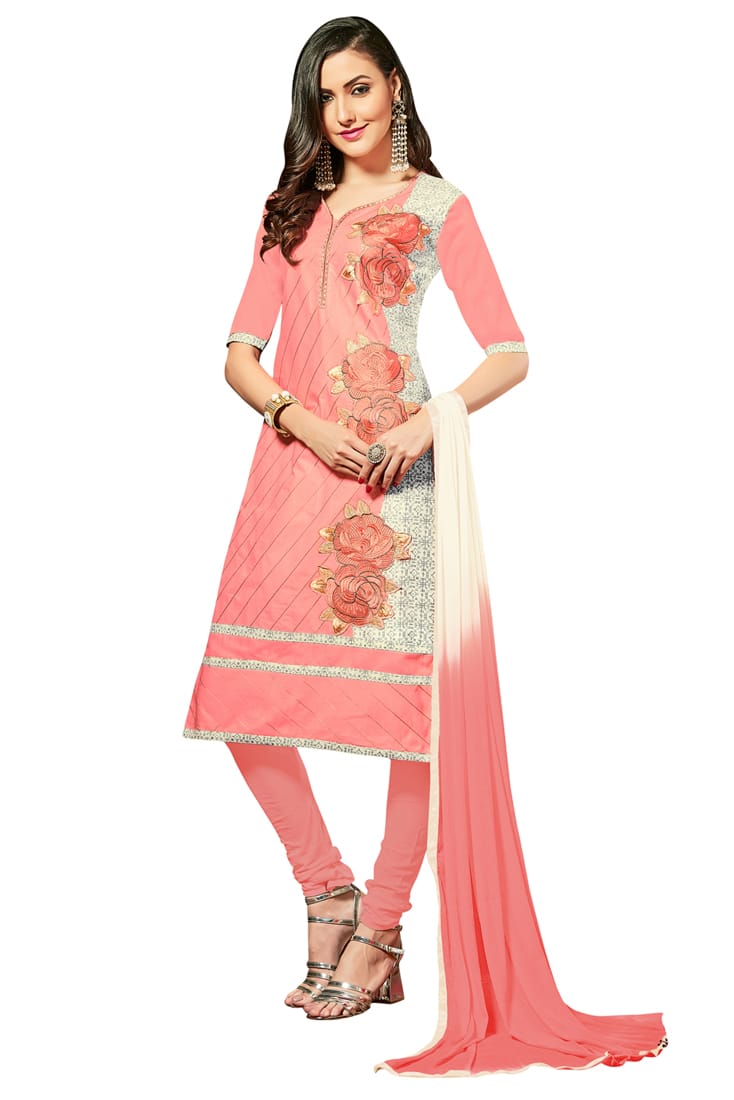 Peach Colour Unstitched Glaze Cotton Churidar Suit