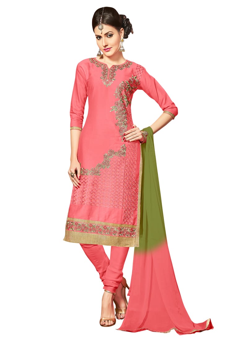 Peach Colour Unstitched Glaze Cotton Churidar Suit