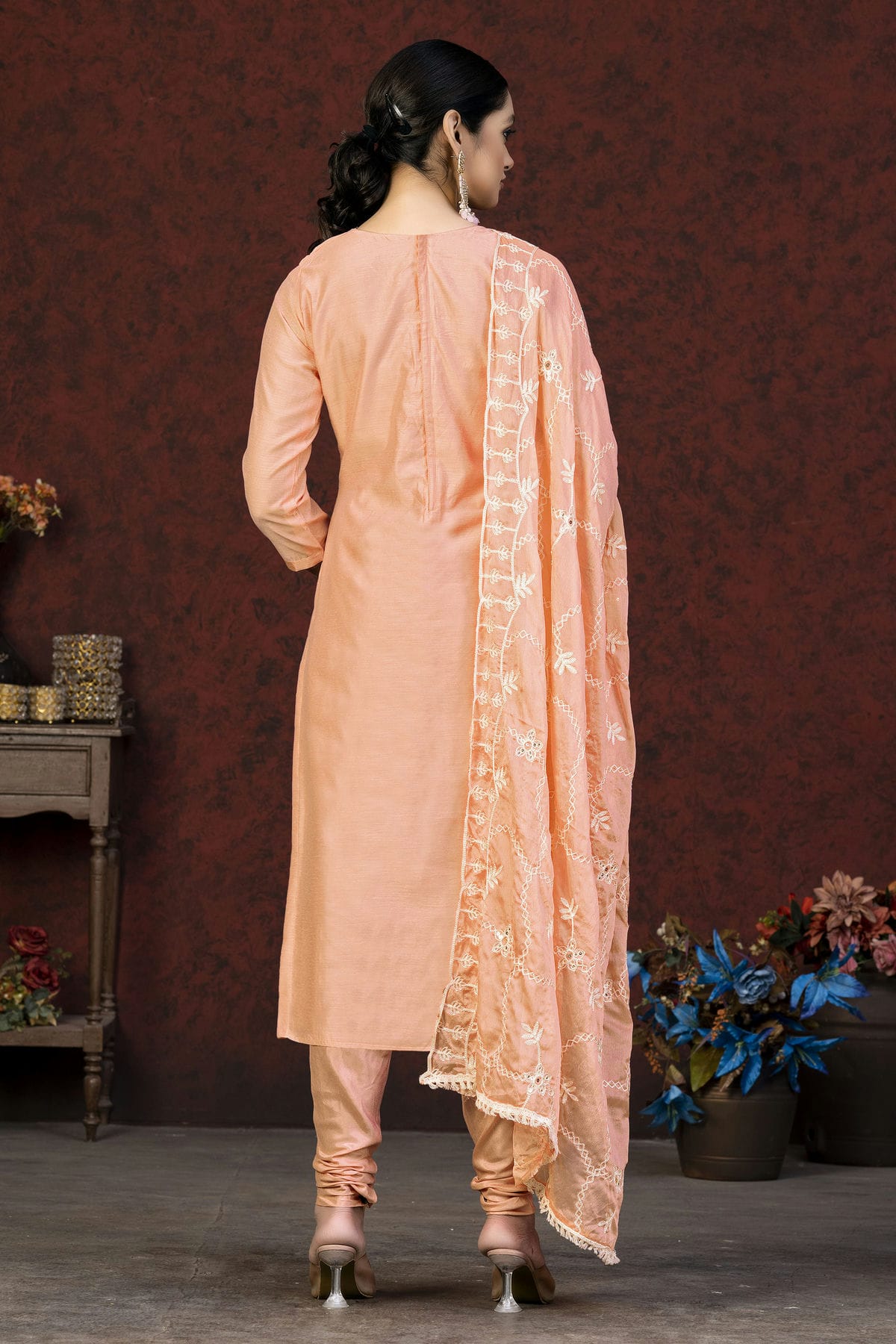 Peach Colour Unstitched Modal Chanderi Churidar Suit