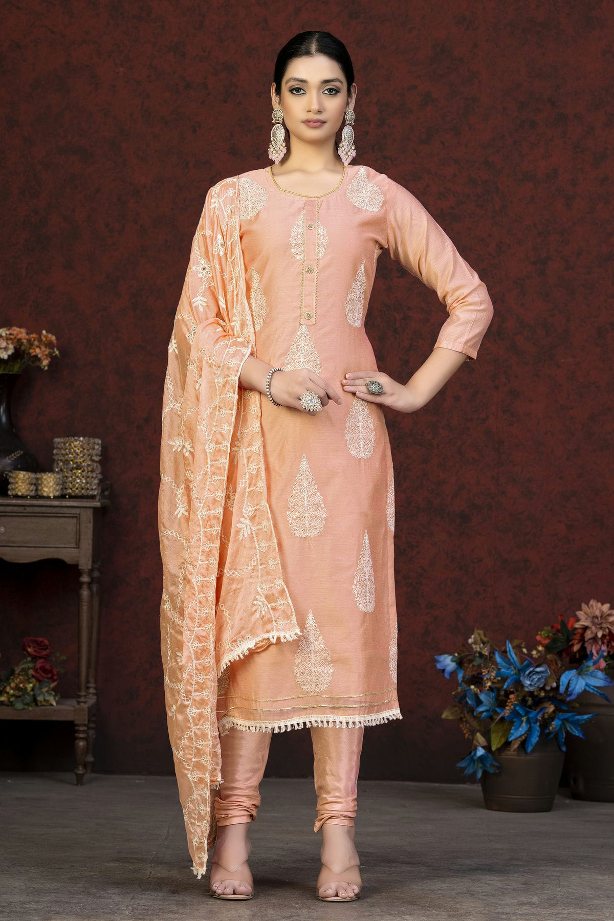 Peach Colour Unstitched Modal Chanderi Churidar Suit