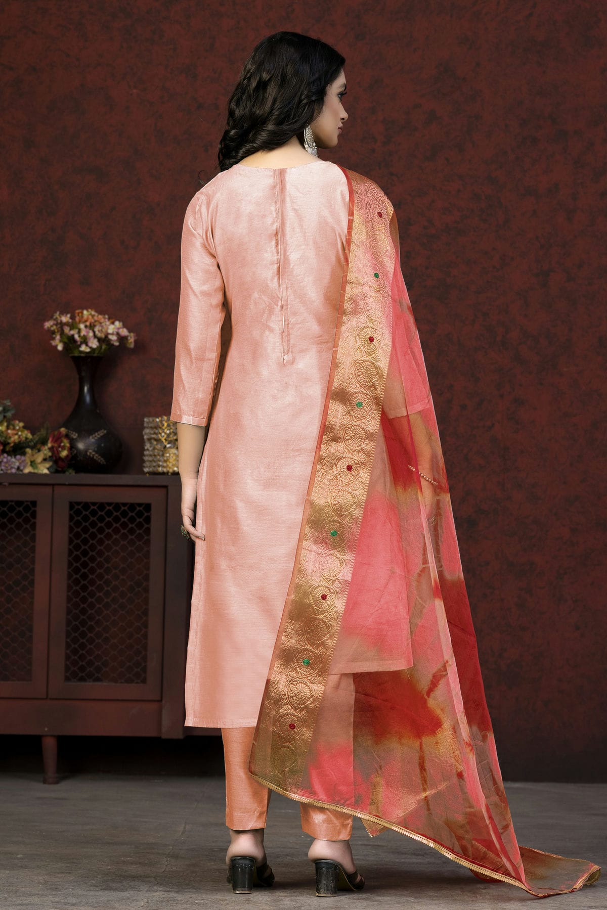 Peach Colour Unstitched Modal Chanderi Fabric Straight Suit