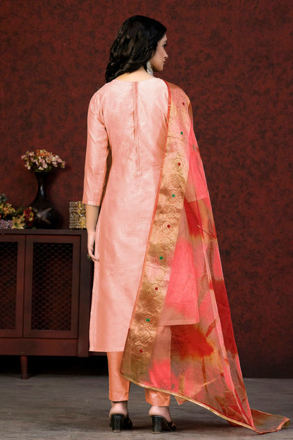 Peach Colour Unstitched Modal Chanderi Fabric Straight Suit