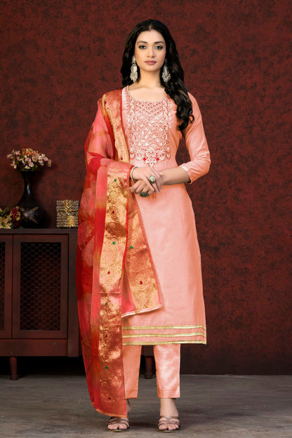 Peach Colour Unstitched Modal Chanderi Fabric Straight Suit