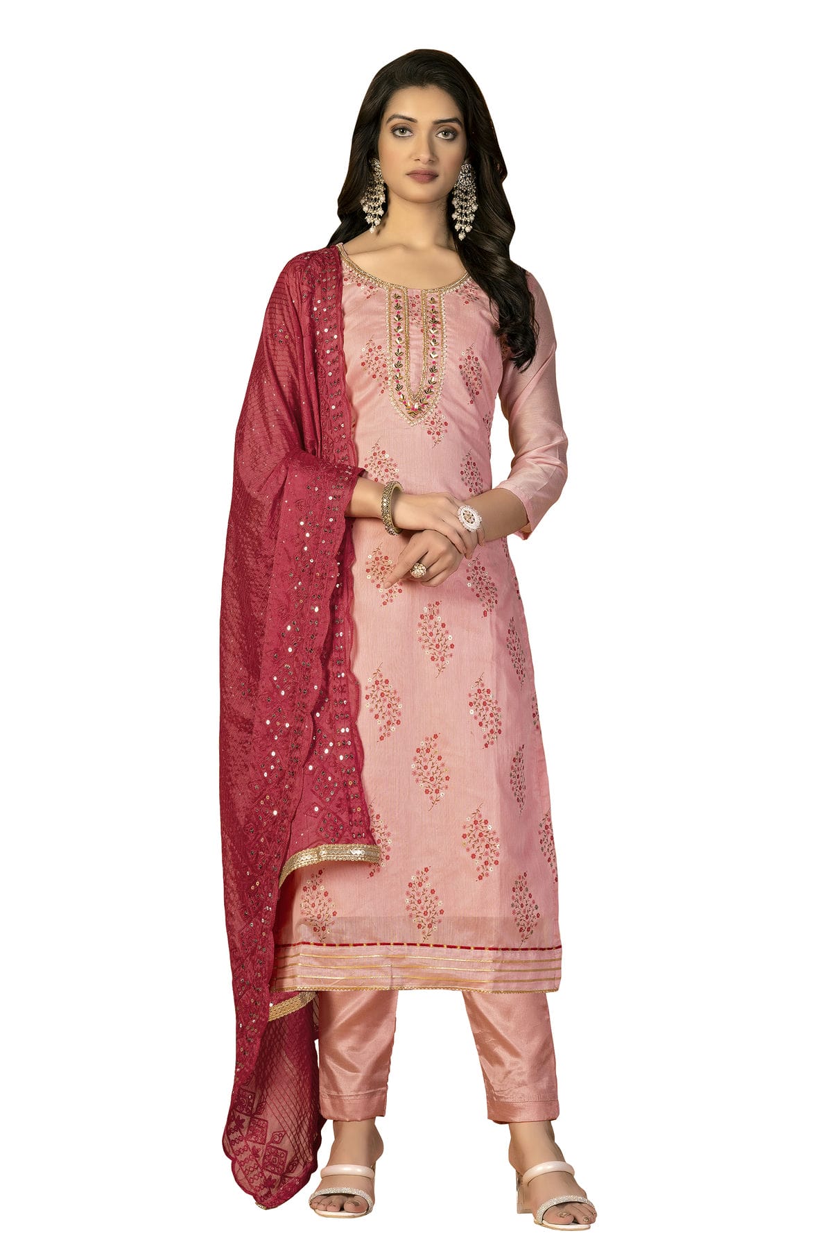 Peach Colour Unstitched Modal Cotton Fabric Straight Suit