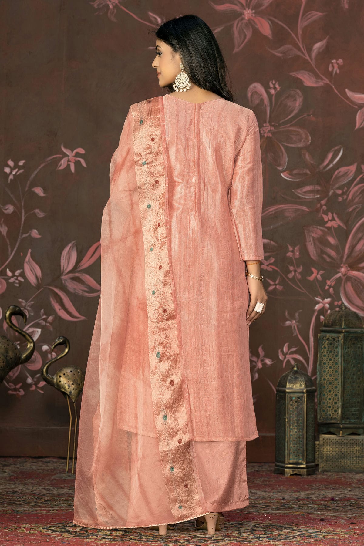 Peach Colour Unstitched Modal Cotton Jacquard Straight Suit