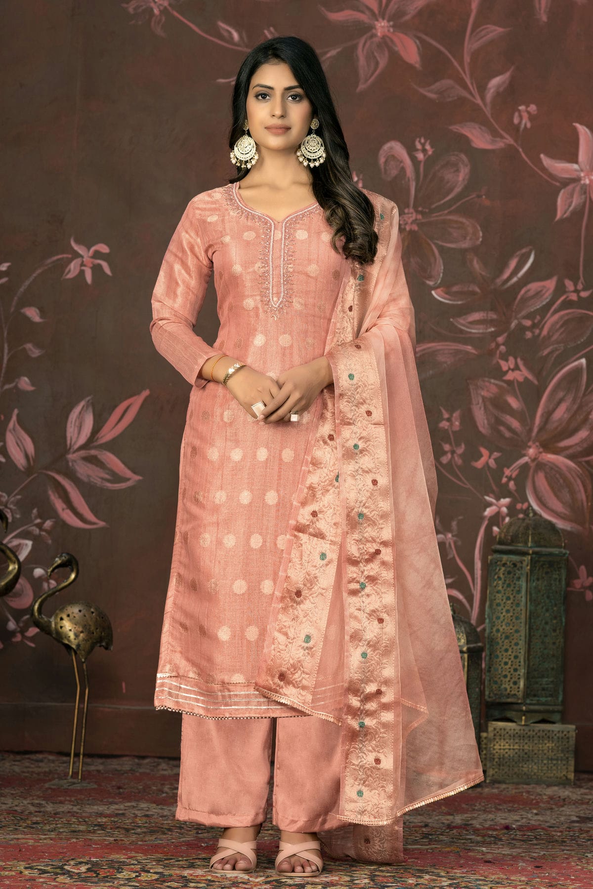 Peach Colour Unstitched Modal Cotton Jacquard Straight Suit