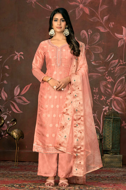 Peach Colour Unstitched Modal Cotton Jacquard Straight Suit