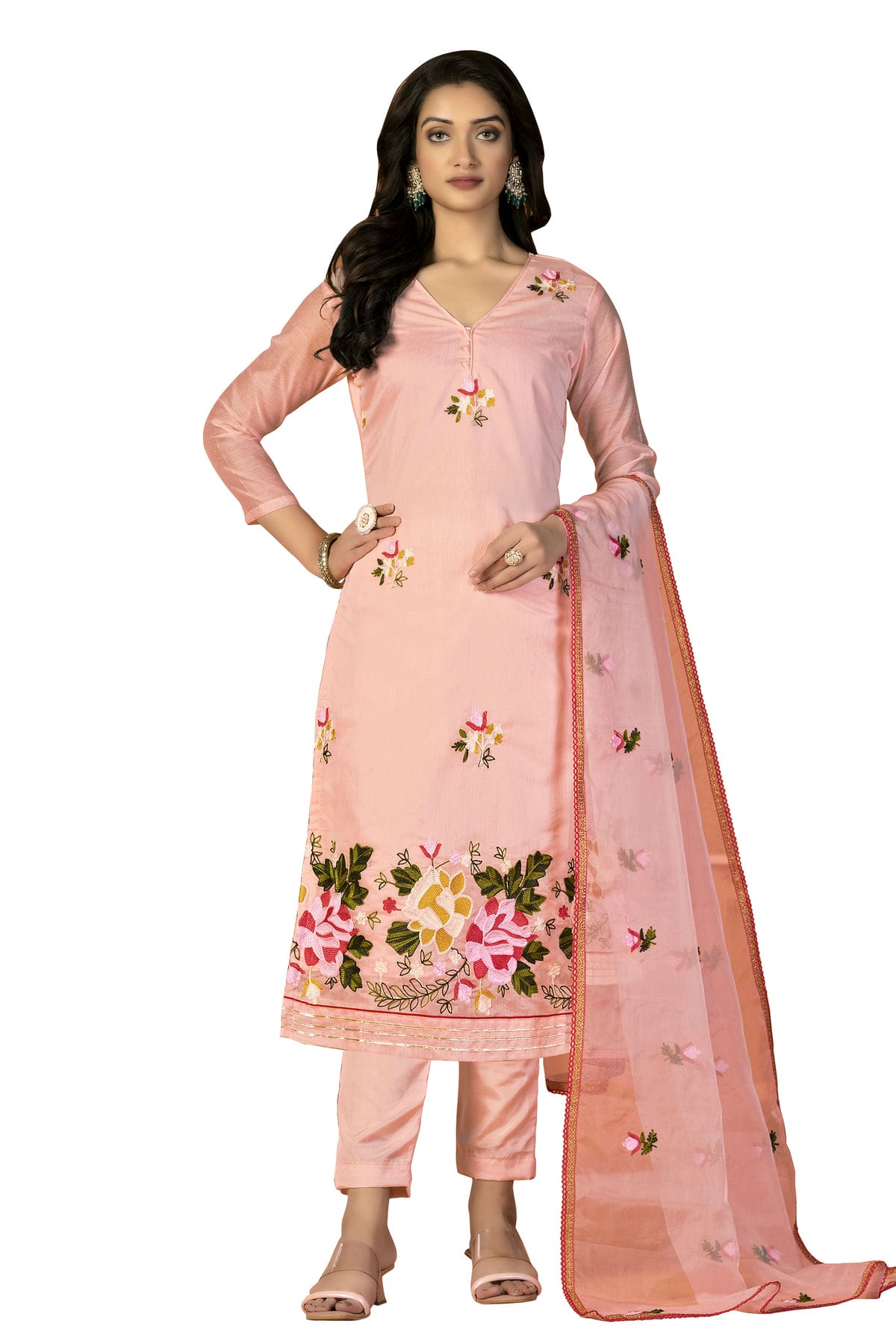 Peach Colour Unstitched Modal Silk Fabric Straight Suit