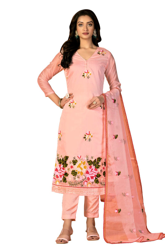 Peach Colour Unstitched Modal Silk Fabric Straight Suit