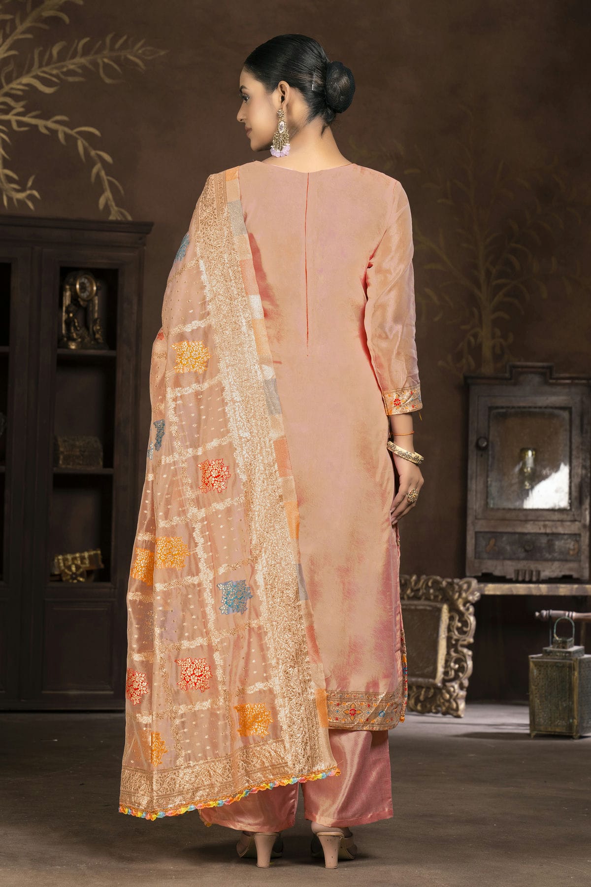 Peach Colour Unstitched Organza Jacquard Plazzo Pant Suit