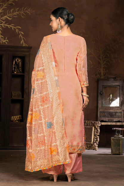 Peach Colour Unstitched Organza Jacquard Plazzo Pant Suit