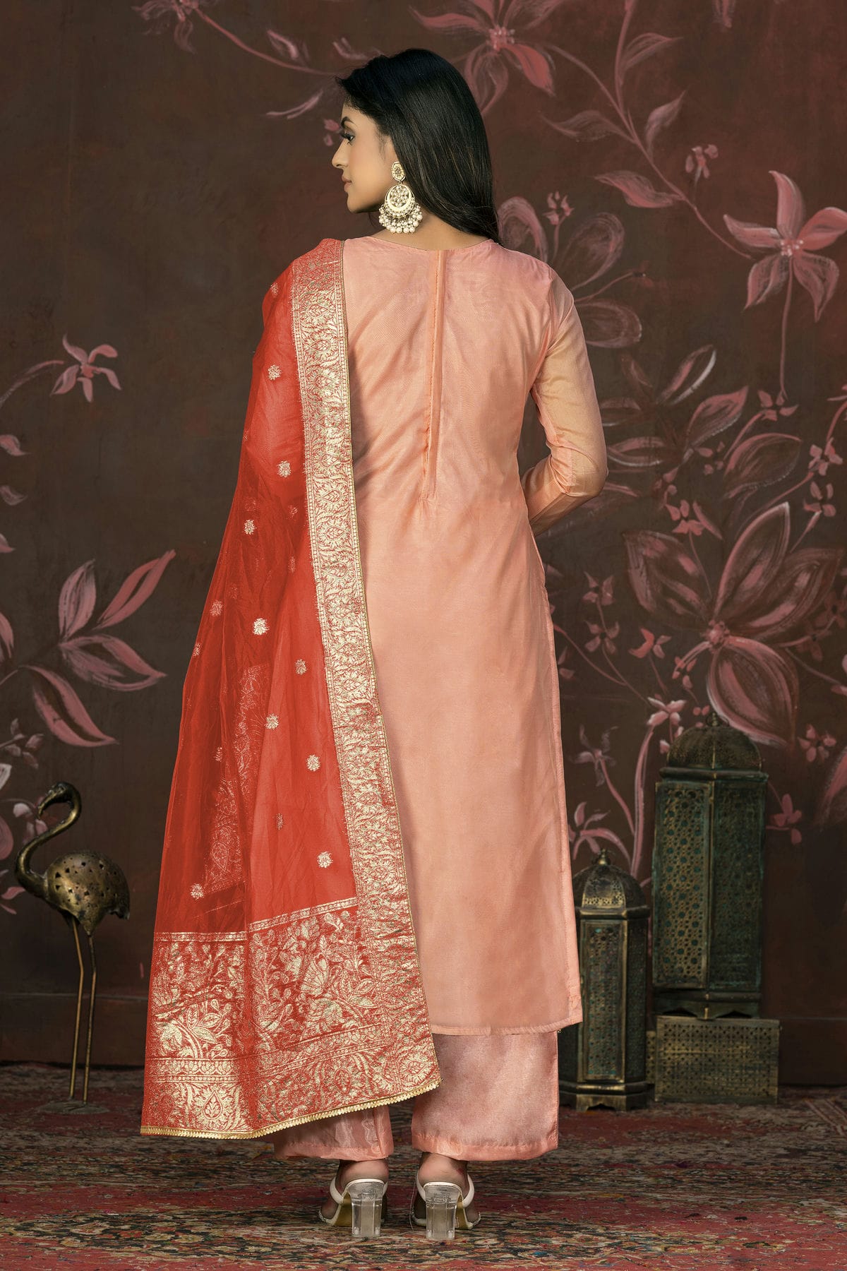 Peach Colour Unstitched Organza Jacquard Straight Suit