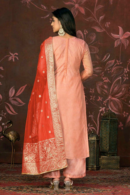 Peach Colour Unstitched Organza Jacquard Straight Suit