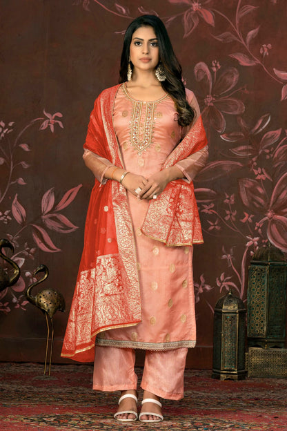 Peach Colour Unstitched Organza Jacquard Straight Suit