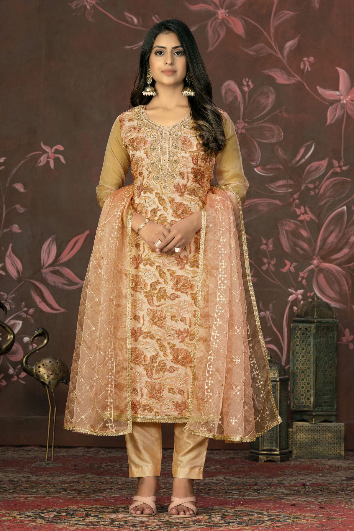 Peach Colour Unstitched Organza Pant Style Suit