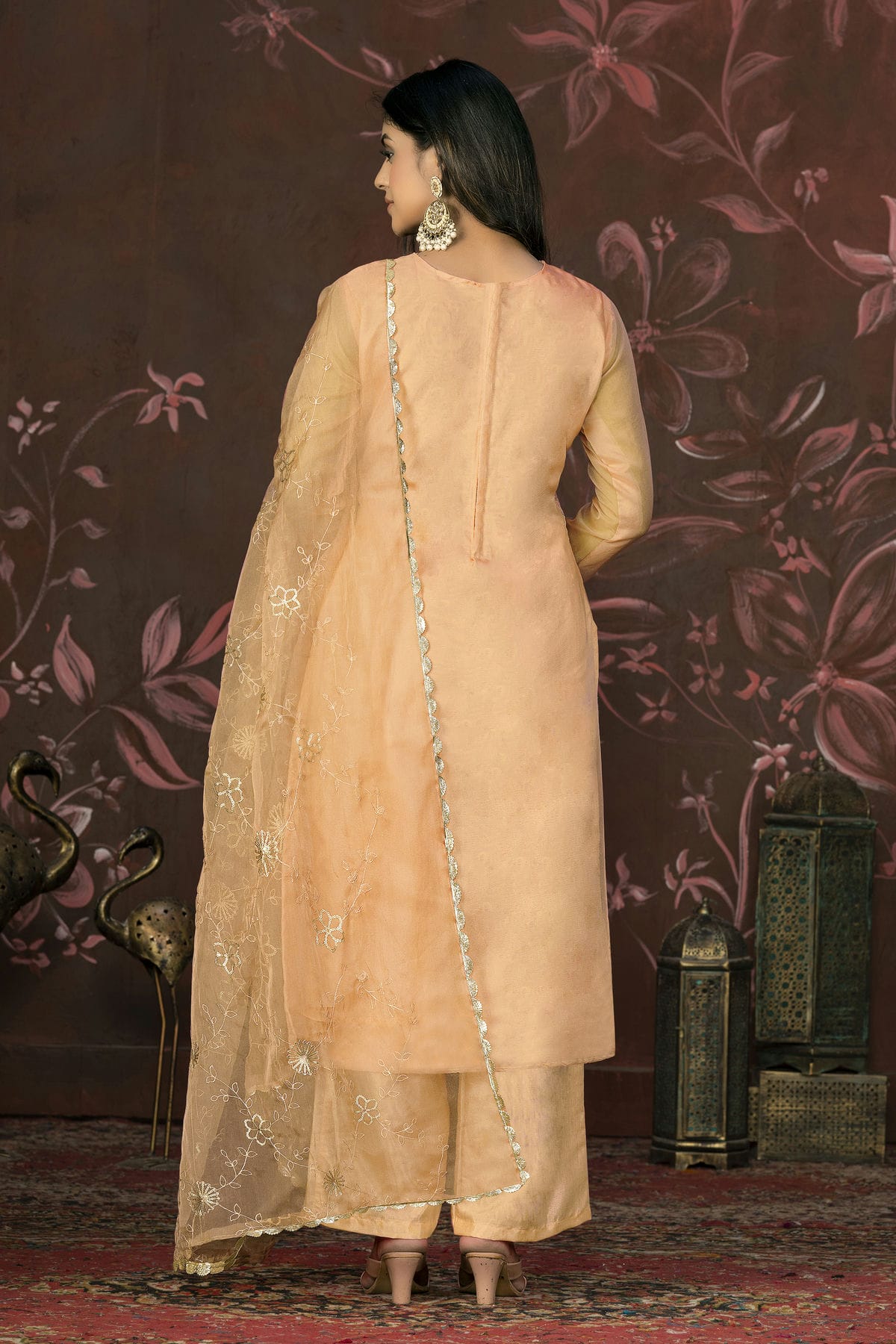 Peach Colour Unstitched Organza Pant Style Suit