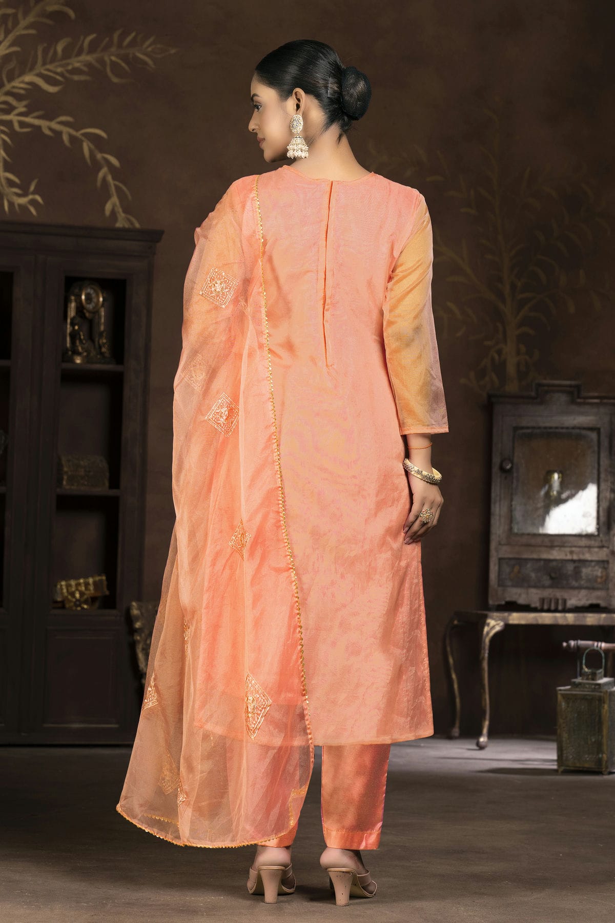 Peach Colour Unstitched Pure Organza Pant Style Suit