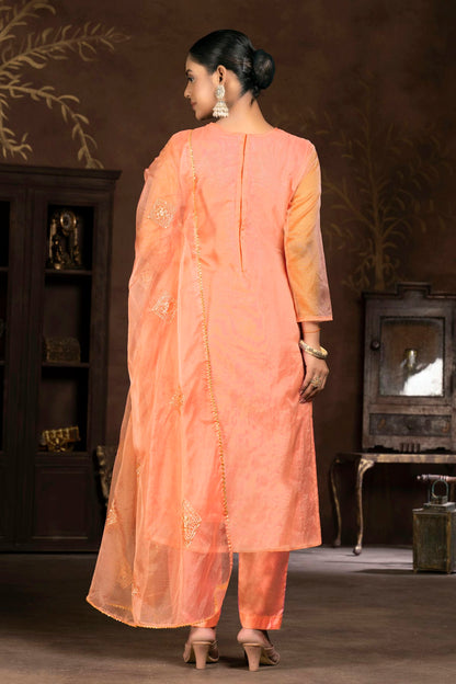 Peach Colour Unstitched Pure Organza Pant Style Suit